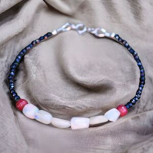 New Natural Black Spinel, Welo Opal , Ruby Bracelet Solid 14K White Gold